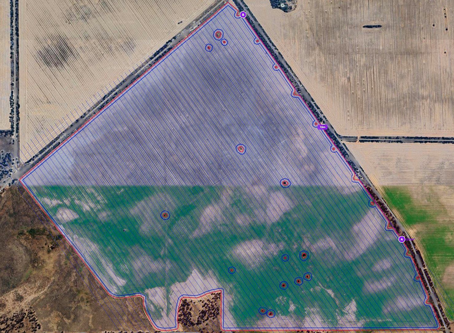 Satellite view of a paddock with the planned run lines, boundary and mapped hazards marked